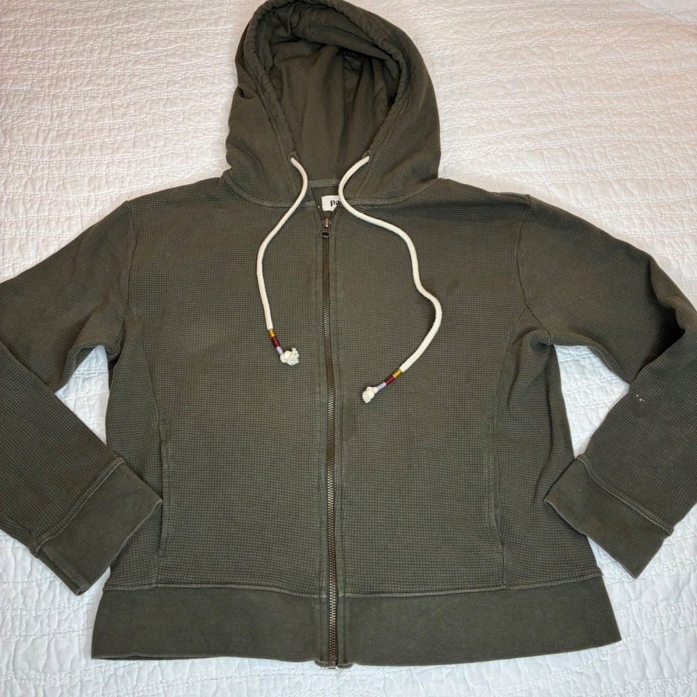 Pact Womens Organic Cotton Waffle Knit Zip Hoodie Sweater Olive Green L see note
